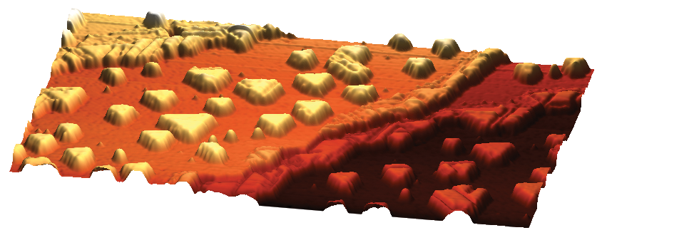 3D representation of the sub-monolayer of CaF2 on Si(111) imaged with STM | ©  P. Rahe, P. Moriarty (University of Nottingham)