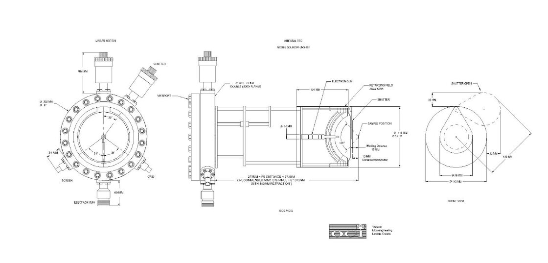 Technical drawing of Scienta Omicron's LEED 800 product with back, front and side views  | © Scienta Omicron 