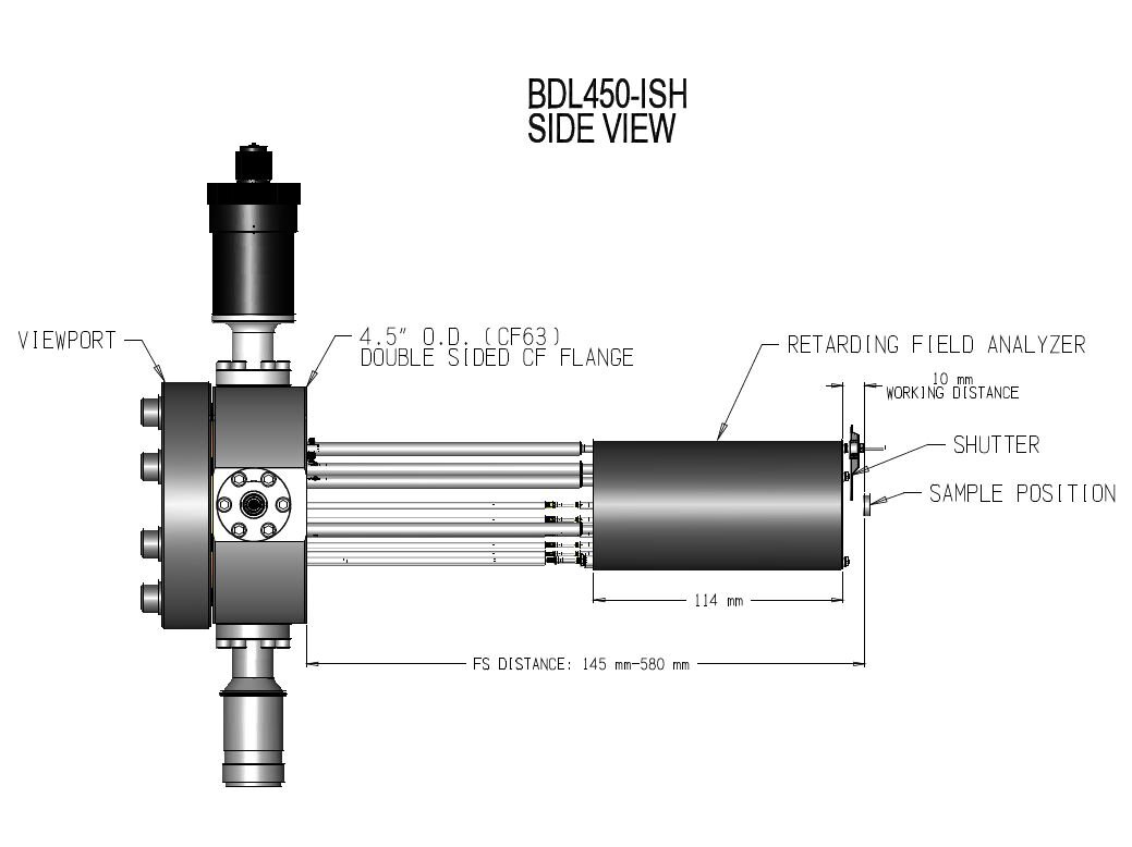 Technical drawing of the side view of the LEED 450 (Model BDL450) Optic | © Scienta Omicron