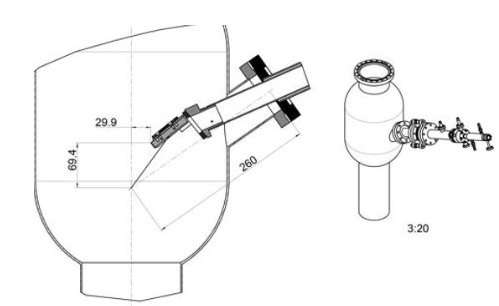 Technical drawing of the HIS 14 HD mounted to another component  | © Scienta Omicron 