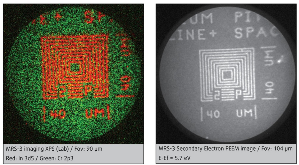 Imaging XPS on a MRS-3 test-sample (In 3d and Cr 2p core level), and secondary electron image of the same sample. | © Scienta Omicron 