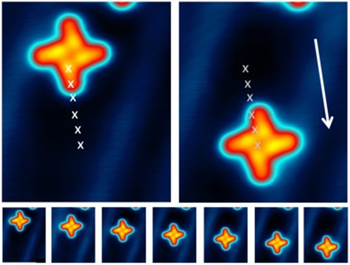 LT NANOPROBE Molecule Manipulation Set of 9 images showing the movement of the molecule across time  | © TU Dresden Team